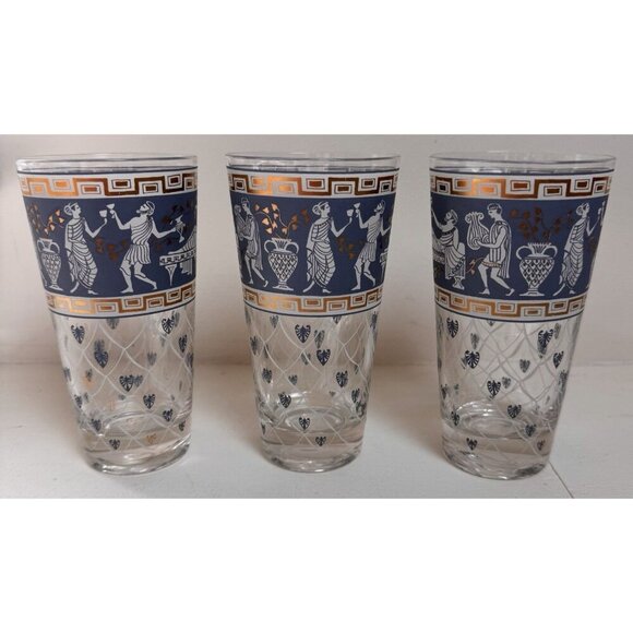 Set of 3 Cera Greek Etruscan Highball Glasses MCM 1960s Barware Vintage Cocktail - Picture 2 of 7